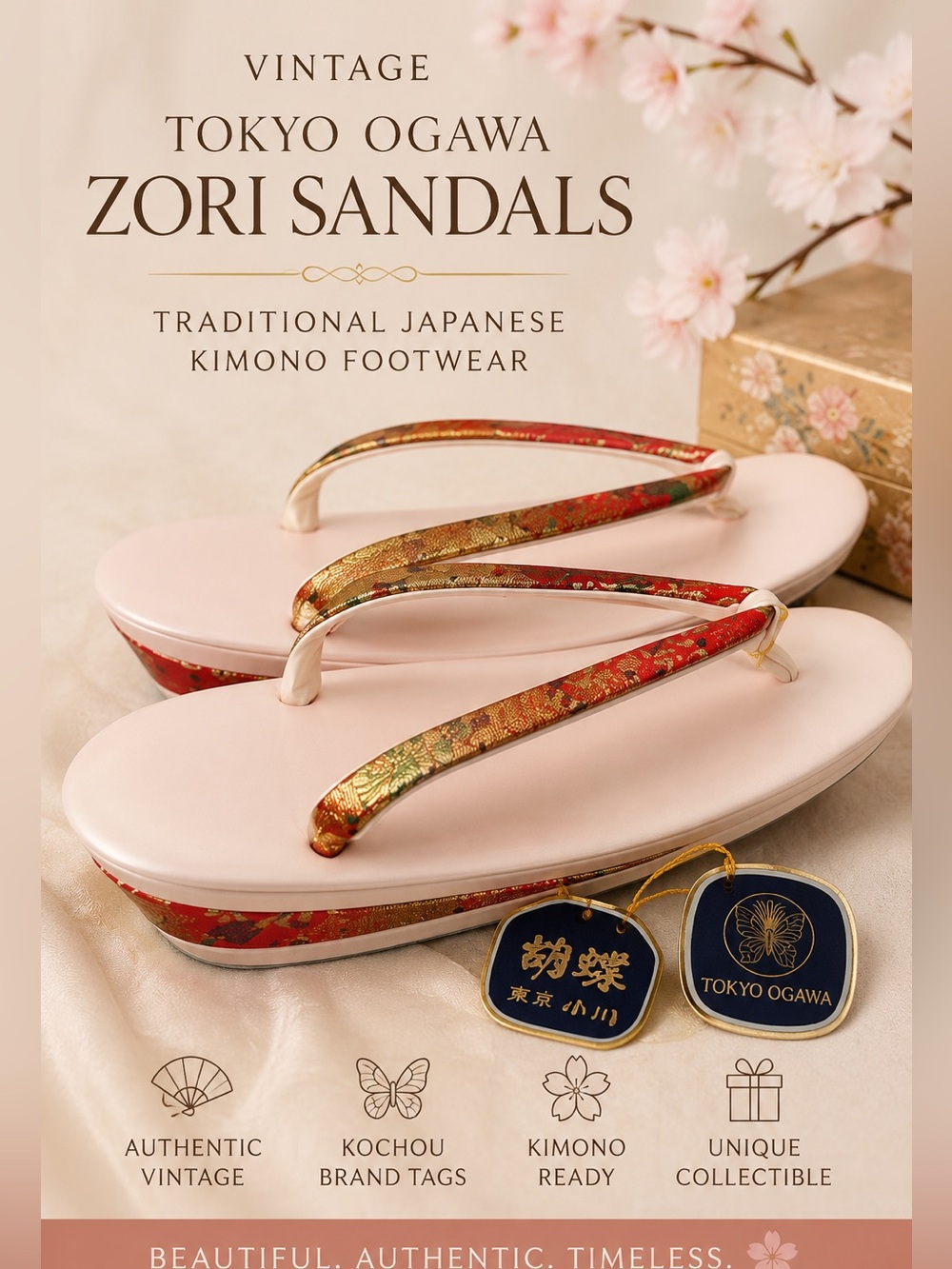 Vintage Tokyo Ogawa Kochou Zori Sandals | Traditional Japanese Kimono Footwear